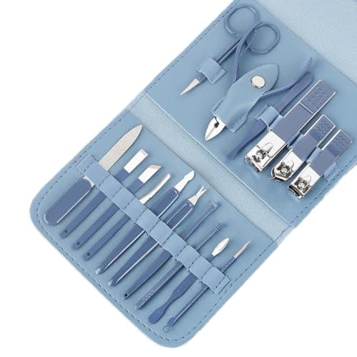 Manicure Set, Nail Clippers Set, 16-Piece Manicure Pedicure Set, Beauty Nail Care Nail Set Kit, Nail Clippers, Tweezers, File, Nail Case for Home, Travel for Women and Men, B, Sky Blue