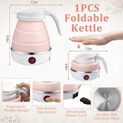 Gziztx Collapsible Electric Kettle 0.6L Portable Travel Kettle Mini Silicone Camping Kettle for Camping, Business Trip, Travel, Hiking, Quick Cooking (Pink) — view 3