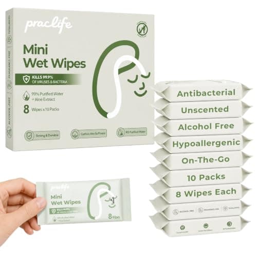 Antibacterial Wet Wipes Travel Essential, 10 Pack Mini Pocket Size Hand Wipes 80pcs, Alcohol Free, Hypoallergenic for Adults & Kids Multipurpose Cleaning