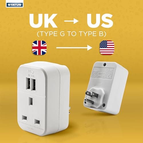 STATUS UK to US International Plug with USB Port Adapter, 3 Pin to 2 Pin US Travel Adaptor, White 2 Port USB Adapter Plug, (S2USBPTINTER1PK3) — view 3