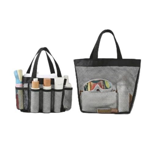 GASGYAI 2 Pack Mesh Beach Bags, Large & Medium Sand-Free Tote Bags with Multiple Pockets, Quick-Dry Mesh Shoulder Bags for Beach, Pool, Shower, Gym, Camping and Travel