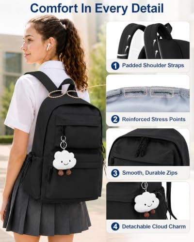 FIORETTO Backpack Womens School Bag Girls Boys, Lightweight Water-Resistant Fits 15.6” Laptop Large Capacity Rucksack with Anti-Theft Pocket, Ideal for School College Commuting Travel Black — view 5