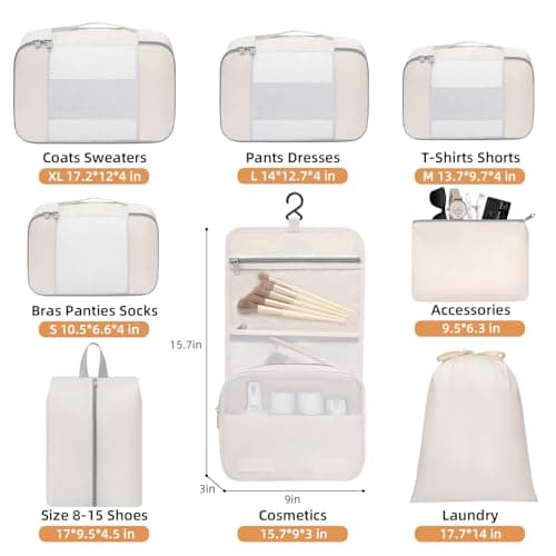BAGAIL 8 Set Packing Cubes Various Sizes Packing Organizer for Travel Accessories Luggage Carry On Suitcase - Beige — view 2