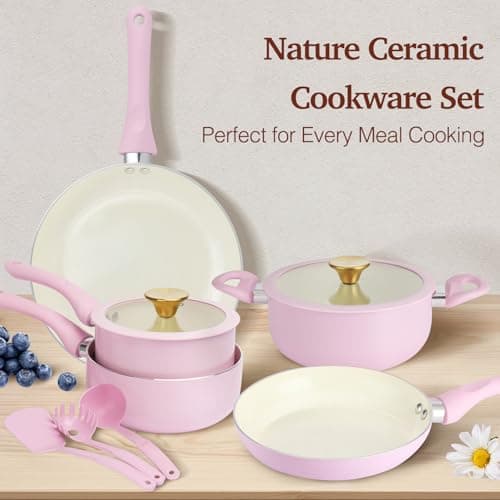 M MELENTA Pots and Pans Set Non Stick, 11-Piece Pink Induction Hob Pan Set — view 6