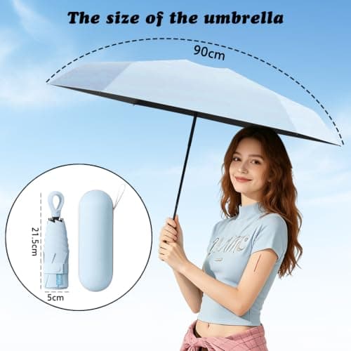 Sykerout 6 Ribs Mini Travel Umbrella, Compact Pocket Size With Storage Box，Sky Blue — view 2
