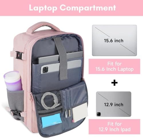 Pink Travel Backpack for Women, 15.6 Inch TSA Flight Approved Laptop Carry On Backpack with Shoe Pouch & Water Bottle Pocket, Casual Daypack for Weekender Business Hiking Nurse Use — view 5