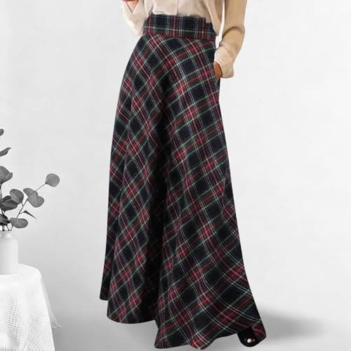 Womens Plaid Elastic High Waist Maxi Skirt Vintage Wool Skirt Tartan Midi Swing Pleated Flared A Line with Pockets Retro Elegant High Rise Flowy Skirts Dress Pull — view 3