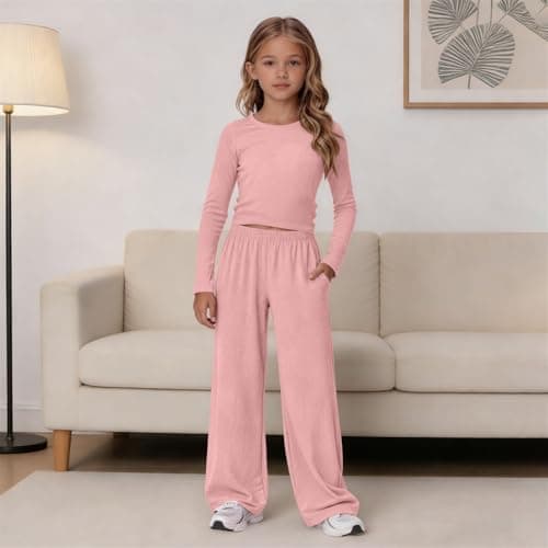 2 Piece Sweatsuit Set for Girls Trendy Travel Outfits Cute Gym Workout Causal Long Sleeve Trousers Set Comfy Vacation Outfit Fashion Solid Soft Cozy Comfort Yoga Clothes (Rose Gold, 8-9 Years) — view 3