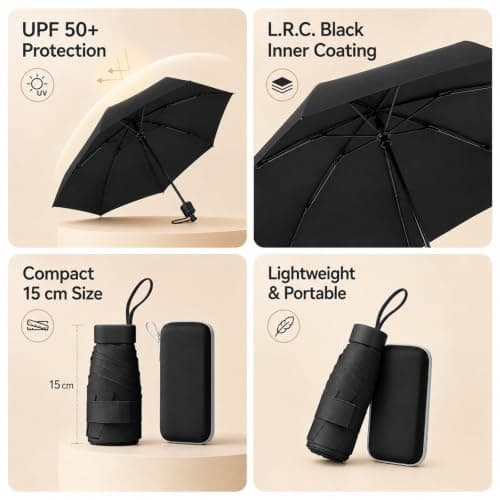WHJYCC Mini Travel Umbrella, UPF 50+, 6-Rib, Black, with Zip Case — view 3