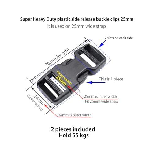 Baikeen Quick Side Release Buckles 25mm Heavy Duty Plastic Clips Belt Buckle Snap Clasp Backpack Buckle Replacement Dual Adjustable No Sewing for srrap(25mm,2sets) — view 2