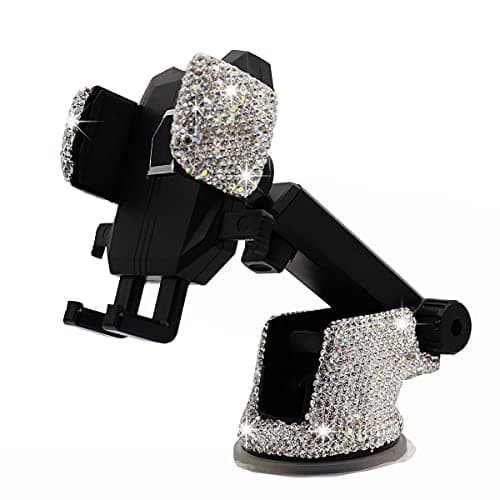 Bling Car Phone Mount Holder,Shiny Crystal Rhinestone Phone Stand for Women and Girls, Car Accessories for Windshield Dashboard,Compatible with Most Cellphones (White)