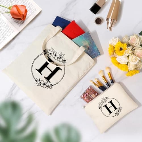 Tecanne Personalised Initial Canvas Tote Bag and Makeup Bag Set, 26 Letters Monogrammed Cotton Reusable Bags for Beach Travel Work School, Gift for Women Mum Teachers Nurses (H) — view 3