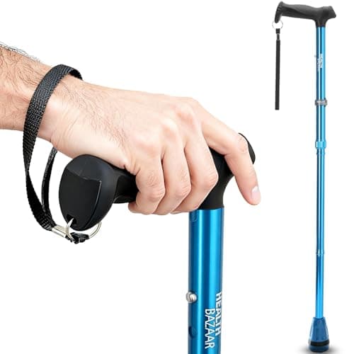 HEALTHBAZAAR All Terrain Walking Stick for Men & Women, Lightweight, Foldable, Adjustable, Shock Absorption, Collapsible Walking Stick for Seniors & Adults | HealthBazaar (Blue)
