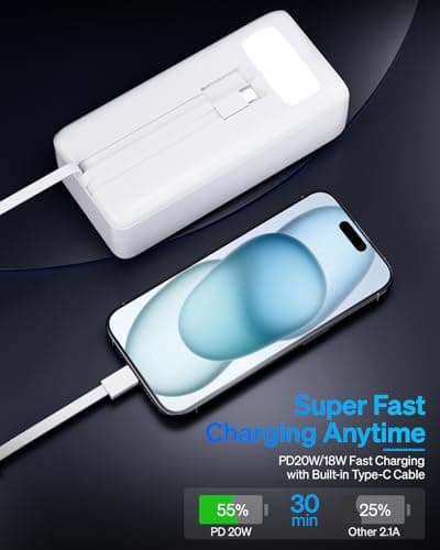 50000mAh Power Bank with Built-in Cable: 22.5W Fast Charging External Battery with Large Capacity, Portable Charger with LED Flashlight and 7 Outputs & 3 Inputs-White — view 5
