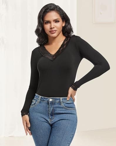 MOSCOAL Fleece Lined Thermal Tops for Women Long Sleeve Lace Trim Base Layer V Neck Shirt, Black, L — view 2