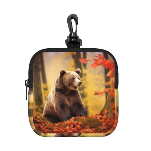 Mini Pouch with Carabiner, Neoprene Travel Makeup Bag with Zipper Tool Storage Pouch Brown bear in autumn Coin Purse Portable Earbud Case Waterproof Card Holder Wallet for Women Men