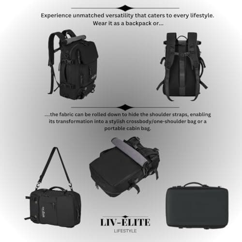 LIV-ELITE LIFESTYLE Backpack – Waterproof Laptop & Cabin Travel Bag with USB Port, Large Capacity, Smart Organisation & Shoe Compartment – Crossbody/One‑Shoulder/Portable Cabin Bag Mode – BLACK — view 5