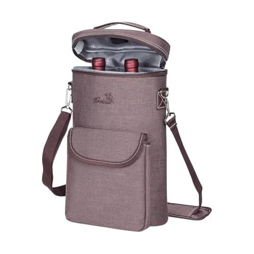 Kato Tirrinia Insulated Wine Cooler Bag Leakproof Padded Portable Wine Carrier with Shoulder Strap 2 Bottle Wine Bag for Camping Travel Beach Picnic Wine Lovers Gift Brown