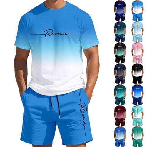 Mens Shorts Set Summer Beach Tracksuits Casual Short Sleeve Muscle Tee Shirts and Classic Fit Sport Shorts Set Tracksuit Sportwear Suits 2 Piece Travel Airport Outfits Jogging (#001 Light Blue,XXS) — view 5
