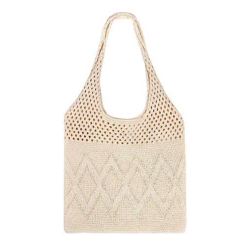 SUOSDEY Crochet Mesh Beach Tote Bag, Summer Vacation Aesthetic Knit Boho Shoulder Bag for Women light beige