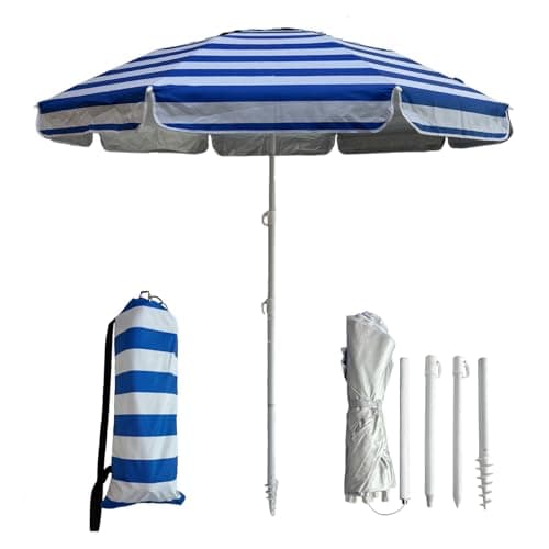 LOTTAFUN 6ft Beach Umbrella - Heavy Duty Wind Resistant UV 50+ Portable Sun Shade with Sand Anchor & Carry Bag, Outdoor Folding Umbrella for Beach, Pool, Patio, Garden (Blue strip) No Tilt The sand