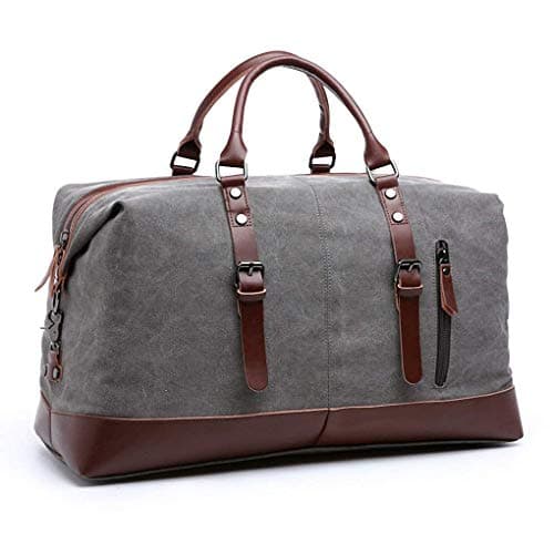autumndeer Oversized Canvas Holdall Travel Carry On Duffel Bags Plus Handbag Shoulder Bag Crossbody Overnight Weekend Bag Unisex Travel Holdall Handbag with PU Leather Handle (Gray)