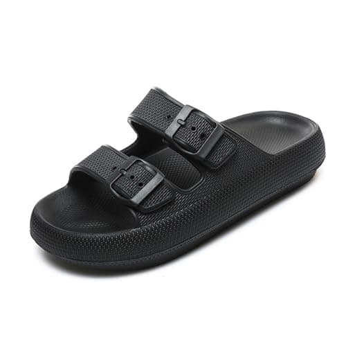Waysoland Cloud Sliders Women Men Sandals with Adjustable Buckles,Shower Bathroom Non-Slip Quick Drying Open Toe Super Soft Comfy Thick Sole slippers Indoor Outdoor(Black,8/9 UK)