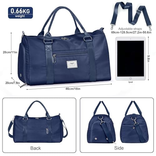 FIORETTO Womens Gym Sports Bag Travel Bag with Shoes Compartment & Wet Pocket, Weekend Overnight Duffle Hospital Bag Carry On Holdall for Travel Swimming Navy Blue — view 3