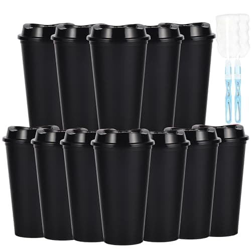 CuppaLifes 475ml Reusable Coffee Cups with Lids, 12 Pack Insulated Plastic Tumblers, Travel Mugs for Hot/Cold Drinks, Smoothie, Takeaway Cups for Adults (12, Black)