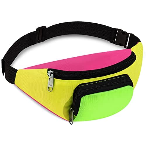 Xuniea 80s 90s Neon Fanny Pack, 2 Pockets Waist Bag, Yellow Bottom
