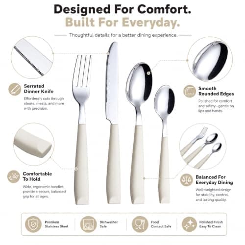 EXZACT 16pcs Cutlery Set Stainless Steel Wide Handles Serves 4 Cream — view 6