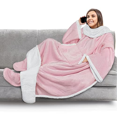PAVILIA Fleece Blanket with Sleeves, Foot Pockets for Women Men Adults, Plush Wearable Blanket Throw Wrap, Warm Snuggle Blanket Robe, Cozy Gift Ideas Wife Mom, Light Pink