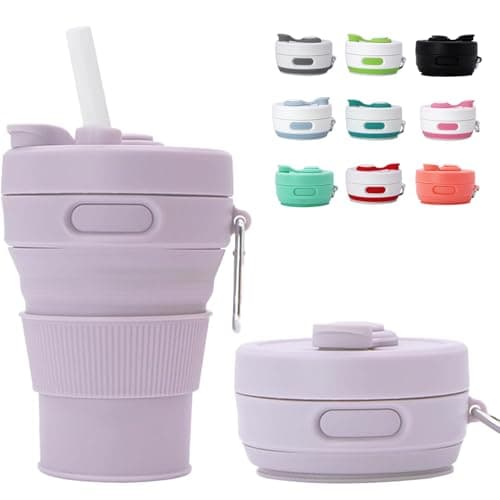 MOMAHUA 450ml/15oz Collapsible Coffee Cup with Lids,Purple Silicone Portable Water Cups,Reusable Coffee Mug,Foldable Camping Travel Cup Fits in Your Pocket,Folding Mug Collapses to 6cm