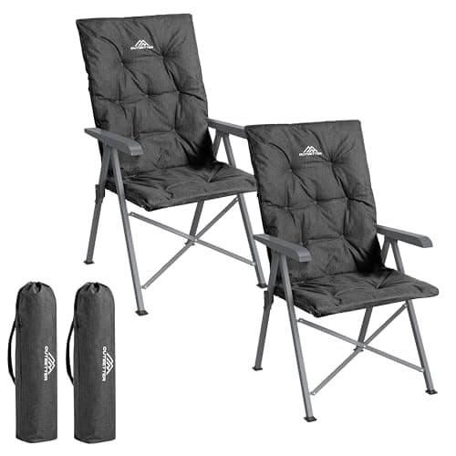 Luxury Adjustable Camping Chairs 2 Set for Adults Heavy Duty Outdoor 4-Position High Back Oversized Garden Padded Folding Chair for Caravan Dining Beach Picnic Fishing 150kg Load Capacity Black