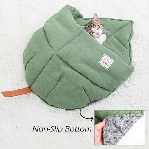 TANGN Cat Sleeping Bag, Linen Fabric Bed Cave Leaf Nest Pet Cuddle Zone Covered Hide Hood Burrowing Cozy Soft Durable Washable with Non-Slip Bottom for Indoor Puppy and Kitten (Green) — view 4