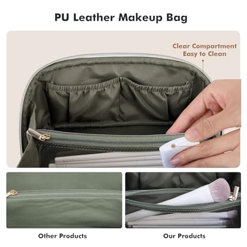 Prite Travel Makeup Bag Flat Lay Cosmetic Case with Brush Pocket, Green, M — view 4