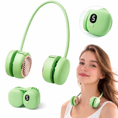 Foluu Rechargeable Neck Fan with 5 Speeds & Digital Display - Portable Hands-Free Personal Fan with 120 Blades Turbine, 360° Flexible Silicone, Ultra-Quiet 40dB - for Travel, Sports, Office (Green)