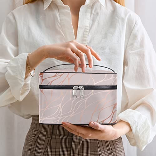 Makeup Bag Rose Gold Marble Travel Cosmetic Bags Vanity Case Portable Cosmetics Make Up Bag Zipper Pouch Case Organizer Waterproof Cosmetic Bags for Women Girls — view 5