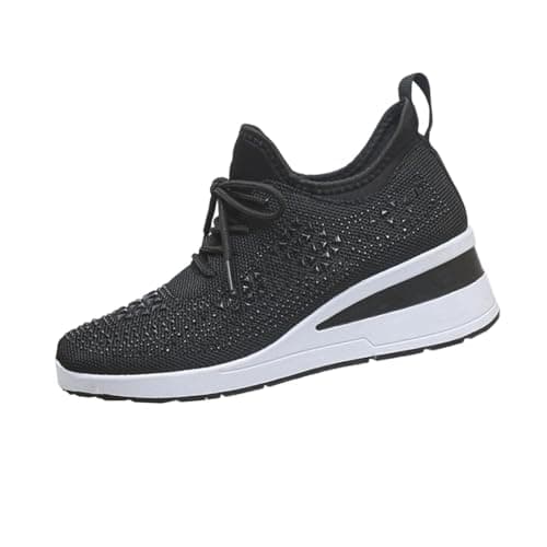 Women's Glittery Trainers Rhinestone Fashion Breathable Wedge Sneakers Athletic Slip On Walking Shoes Breathable Lightweight Sports Casual Sparkly Diamante Sneakers Ladies Platform Shoes Black