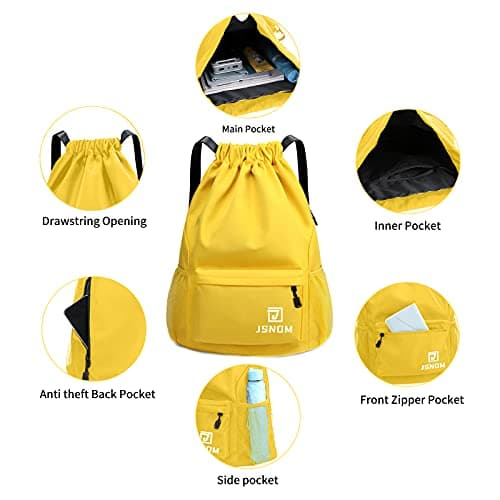 JSNOM Drawstring Gym Bags Waterproof : Large Sports Travel Yoga School Rucksack Backpack with Zip Pocket for Men Women — view 3