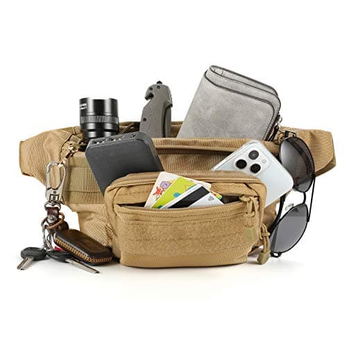 SOWHUP Tactical Fanny Pack,Military Waist Bag Pack with U.S Patch Utility Hip Belt Bumbag for Outdoor Fishing Hiking, Tan(4 Zipper Pockets), Small, Tactical Fanny Pack — view 3