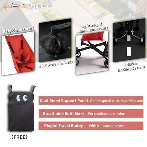 Lightweight Airplane Stroller, 2.8kg Instant Fold & Unfold Portable Pushchair, Cabin-Sized Compact Baby Stroller with Removable Cartoon Pad for Travel (0-4 Years), 4 Colors red — view 4