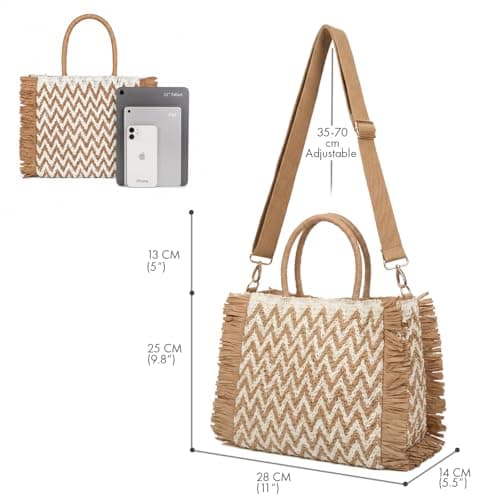 Woodland Leathers Womens Summer Bag, Straw Beach Bag, Large Woven Tote Bag with Raffia Fringe, Boho Chevron Design, Detachable Adjustable Shoulder Strap Holiday Handbag (Natural Tan, Large) — view 3