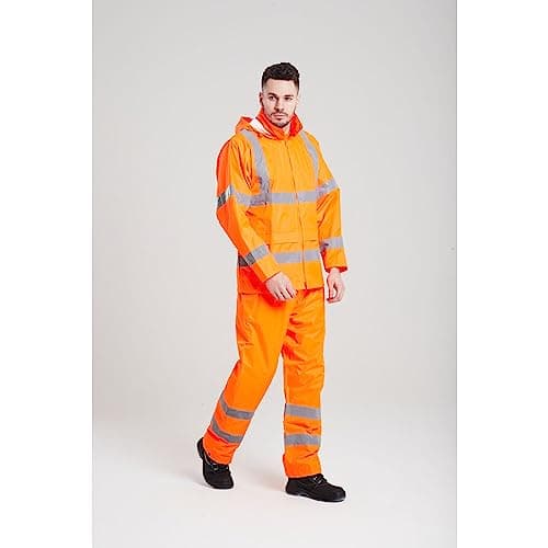 Portwest UH440 Mens Hi Vis Rain Jacket Waterproof Lightweight Reflective Safety Workwear Packable Hooded Vented Back Construction Roadwork Highway Rail, Orange, M — view 4