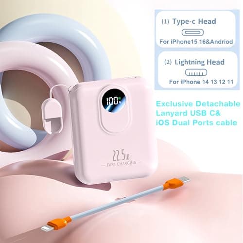 Power Bank 10000mAh, Fast Charging Portable Charger with Built-in Cables, 22.5W 4 Outputs LED Display, Small USB C Battery Pack for iPhone 16 15 14 iPad Tablets (Pink) — view 4