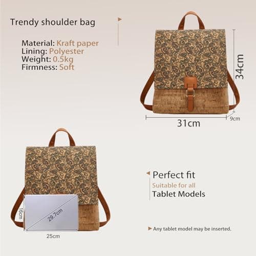 CORIOS Boho Backpack for Women Daypacks with Ethnic Pattern Bohemian Style Shoulder Handbag Multipurpose Convertible Purse Teenager School Bag Bookbag Cork Fabric Rucksack for Travel Outdoor Floral — view 3