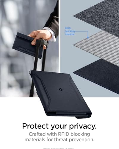 Spigen Passport Card Cover Holder Passport Wallet Travel Documents Organizer Protector Passport Holder Travel Accessories with RFID Blocking Technology SIM Card Pin Included - Navy Blue — view 4