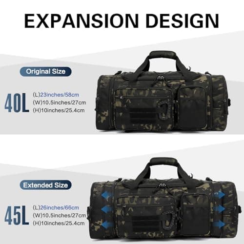 Tonruyn Tactical Duffle Bag Backpack for Men 40-45L Expandable Camo Travel Duffel & Sports Holdall Gym Bag with Shoe Compartment Wet Pocket Medium Weekender Overnight for Military Camping Luggage — view 2