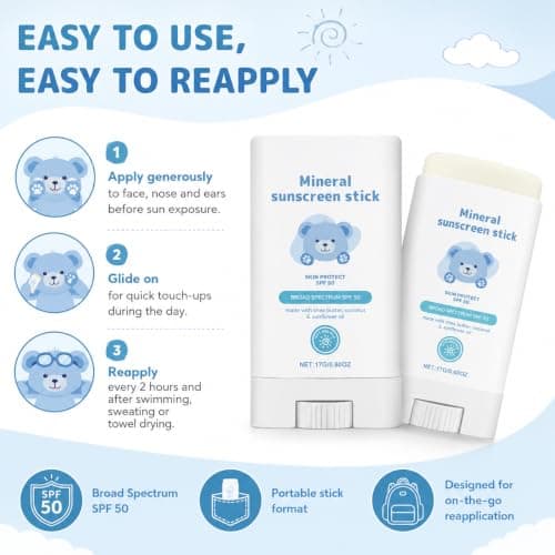 Kids Sun Cream Stick SPF 50+ - Mineral Sunscreen for Face & Body - UVA/UVB Broad Spectrum Protection - Water-Resistant & Fragrance-Free - Mess-Free Travel Size Suncream Stick for Children - 17g — view 2