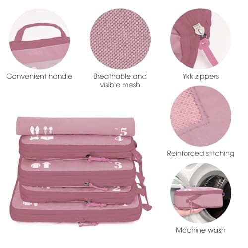 ECOHUB 5 Set Compression Packing Cubes for Suitcases Organiser Bags Travel Accessories with Shoes Bag Tear-resistant Travel Cubes with ID Tag Expandable Packing Bags(Pink) — view 6
